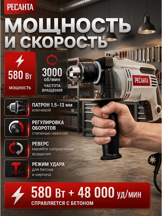 Дрель электрическая от сети ударная ДУ-13/580 — фото 3
