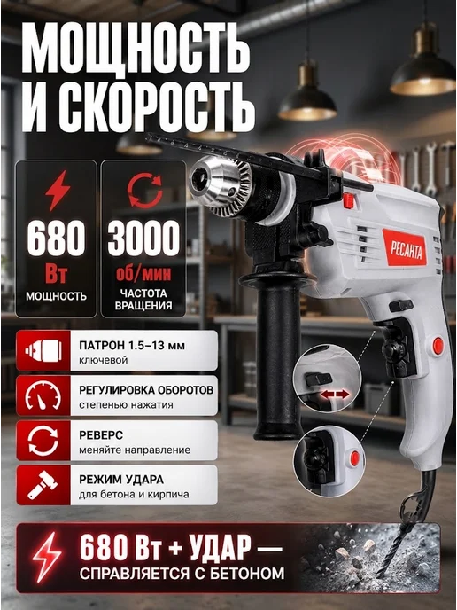 Дрель электрическая от сети ударная ДУ-15/680 — фото 3