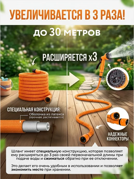 Шланг поливочный растягивающийся 30 метров — фото 2