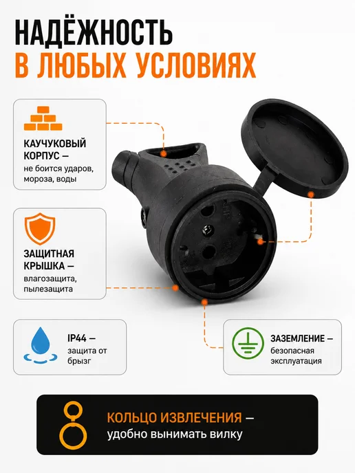 Розетка уличная влагозащищенная для удлинителя каучуковая — фото 4